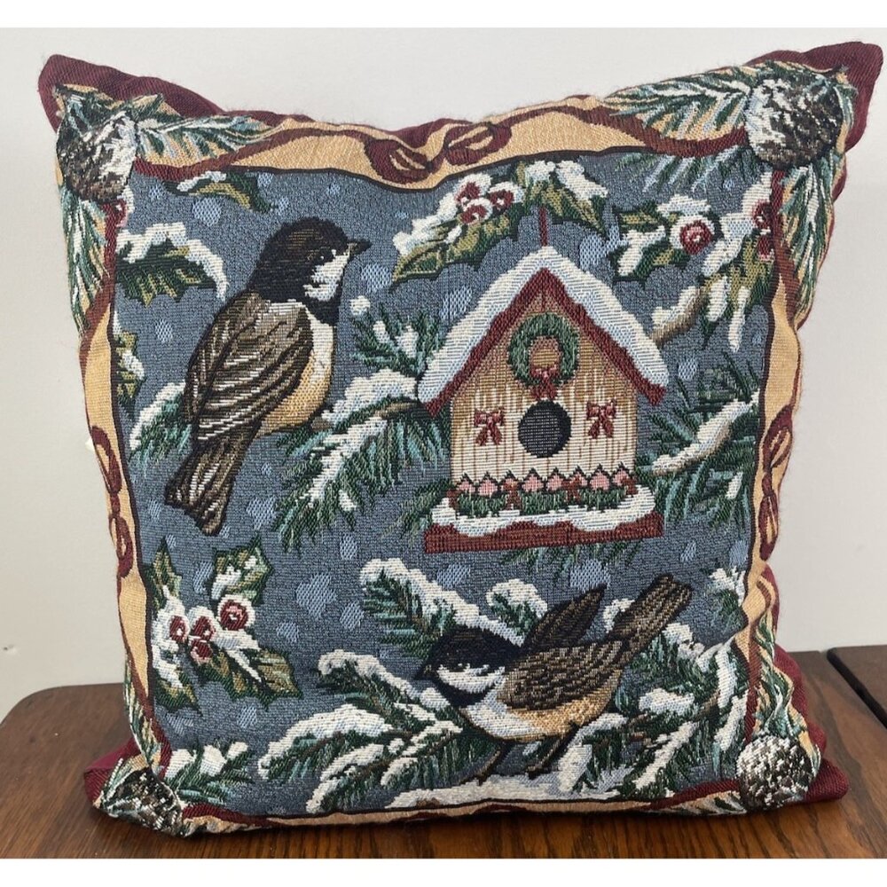 Tapestry Throw Accent Pillow 18”Christmas Chickadee  Mohawk Home Holly Snow Vtg